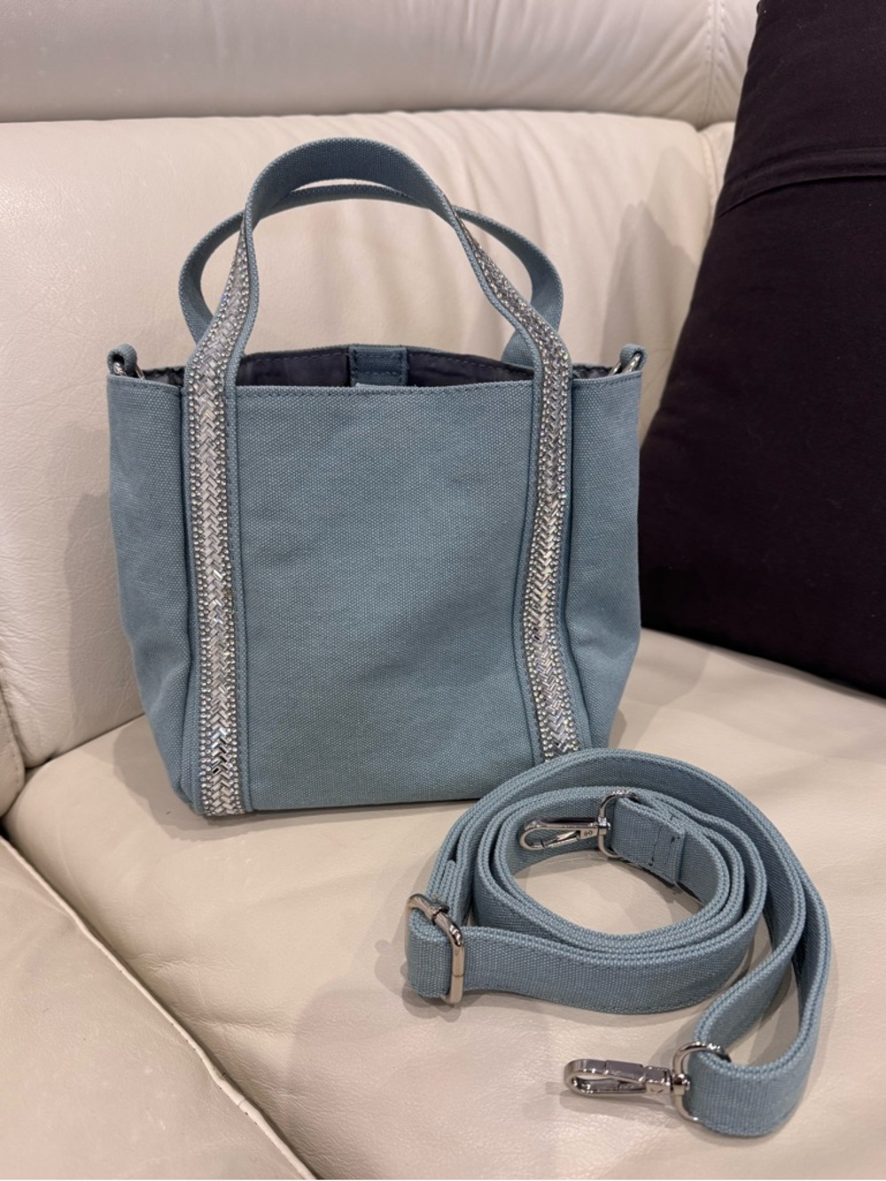 SALE‼️[NWOT] Light Blue Canvas Tote Bag/Crossbody Bag with Rhinestone Trims